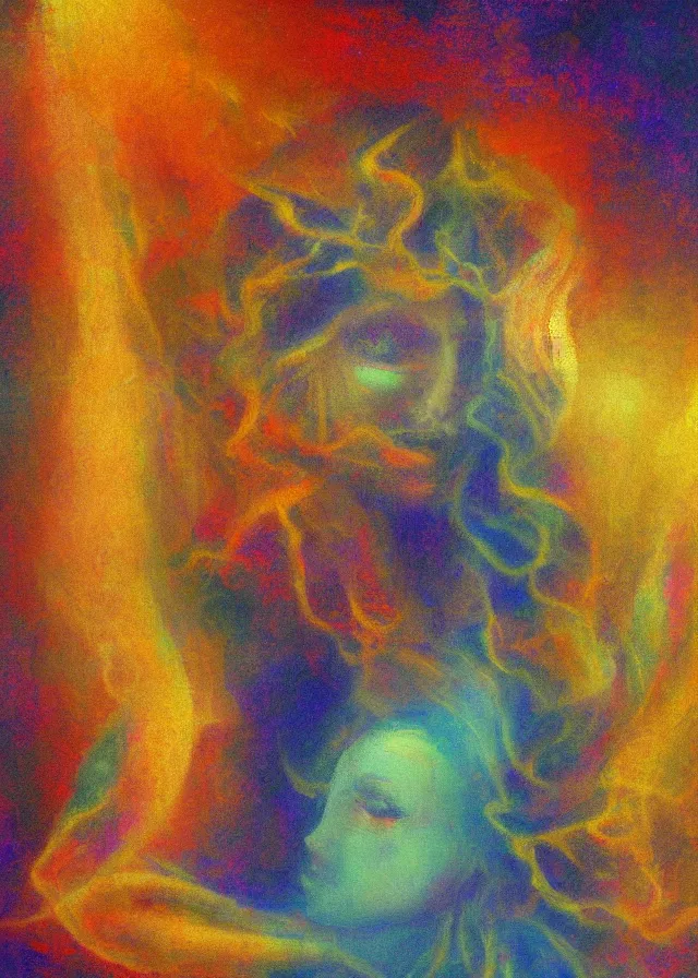 Image similar to serene deva of the golden blood mythos beloved deva (dreams) gnostic fog, award winning oil painting, chromatic aberration sharp colors