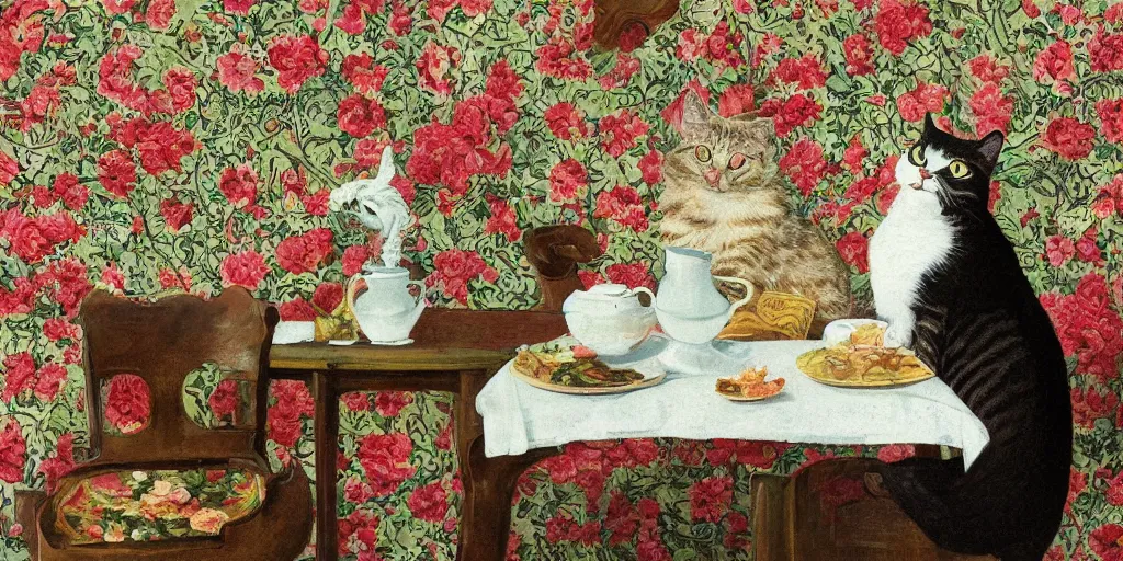 Image similar to portrait of a cat on a chair at a coffee table full of food, flowery wallpaper, beautiful sunny day, 1 8 8 0 s style