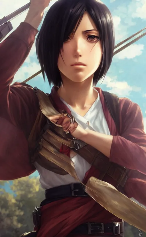 Image similar to mikasa ackerman, hero pose, medium shot, bokeh, beautiful face!!!!, 2 7 years old, cg animation, lifelike, animated, realistic, character select portrait, by artgerm, greg rutkowski, alphonse mucha, 3 d