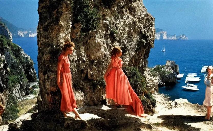 Image similar to still from l'estate, a movie by luchino visconti ( 1 9 7 4 ) set in capri. dramatic light, cinematic composition, flamboyant