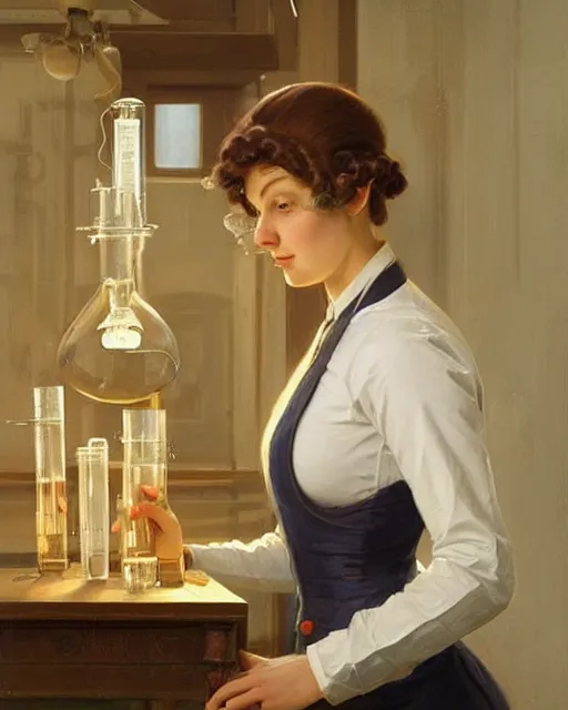 Image similar to a female professor doing experiments in her lab, oil on canvas, artstation, by j. c. leyendecker and edmund blair leighton and charlie bowater, beautiful face, octane, very aesthetic!!!!!!!!!!!!!!!