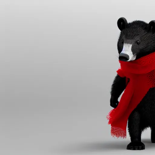 Prompt: a bipedal badger walking on white background towards the camera, he‘s wearing a red scarf, digital render