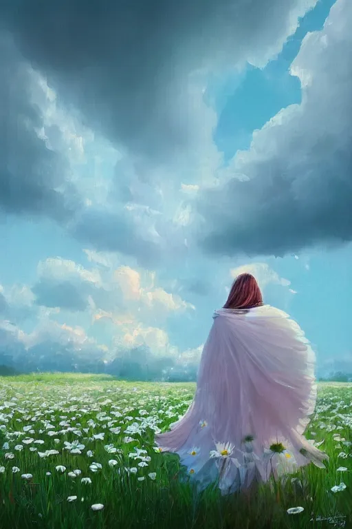 Image similar to giant white daisy flowers as face, girl with veil walking in a flower field, surreal photography, sunrise, dramatic light, impressionist painting, colorful clouds, digital painting, artstation, simon stalenhag