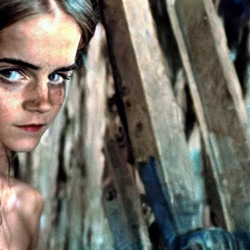 Image similar to film still, extreme far view, emma watson vietnam door gunner, film still from apocalypse now ( 1 9 7 9 ), 2 6 mm, kodak ektachrome, blue tint expired film,