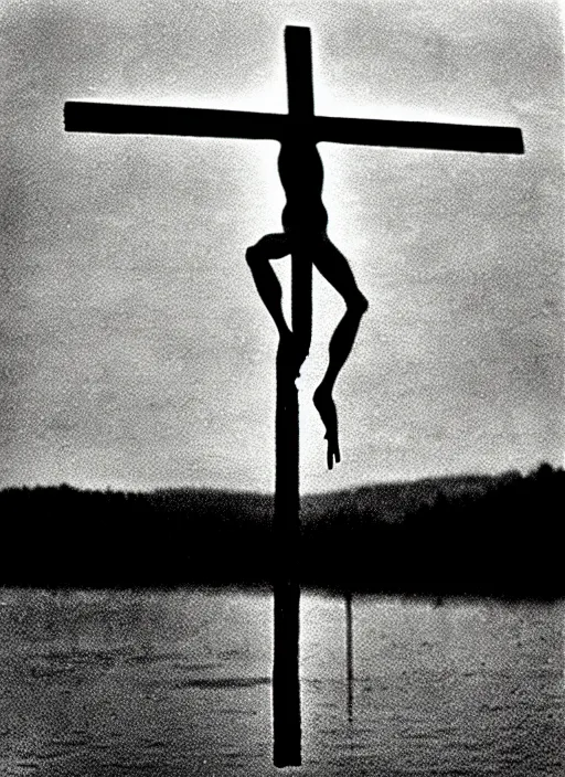 Prompt: “semitranslucent frog body vertically hovering over misty lake waters in crucifix pose, low angle, long cinematic shot by Andrei Tarkovsky, paranormal, eerie, mystical”