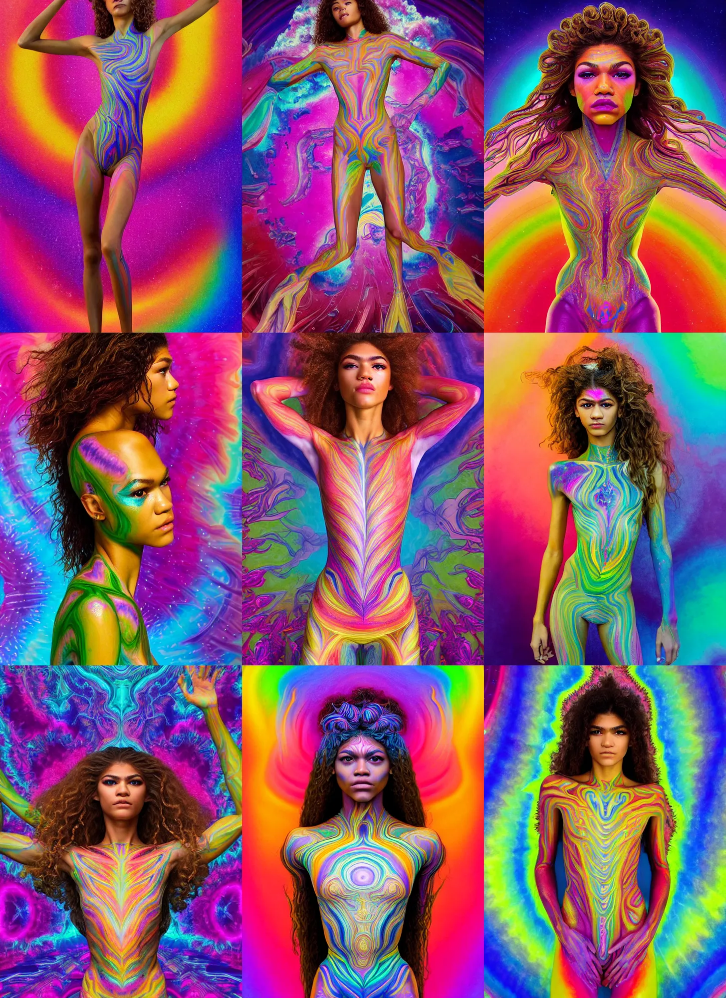 Prompt: full body Zendaya by Jean-Baptiste Carpeaux and Luo Li Rong and Michael James Talbot as goddess, all body, floating in space. perfect symmetrical face, colorful, psychedelic psychedelic colors, fractals, fresh rainbow bodypainting, synthwave, in full growth, elegant, realistic, 8K, female full-skin figure, hyperrealism, subsurface scattering, raytracing, rim light, Octane Render, Redshift, Zbrush, H R Giger, Zdzisław Beksiński, complex psychedelic glitch background
