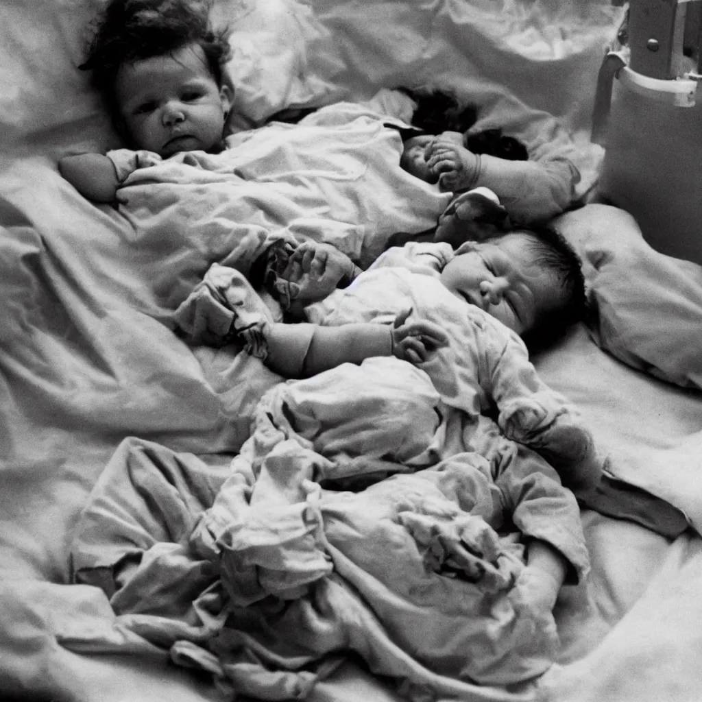 Prompt: A baby lies alone on his stomach in a hospital bed in 1971. Kodak ektachrome.