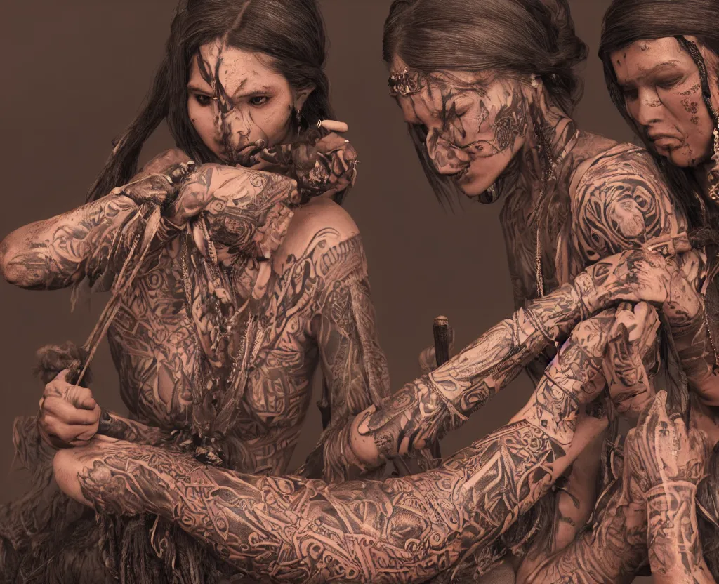 Image similar to portrait of a tattooed indian tribal woman being flogged by some britisher, ultra realistic photography, intricate details, eerie, highly detailed, photorealistic, octane render, 8 k, unreal engine