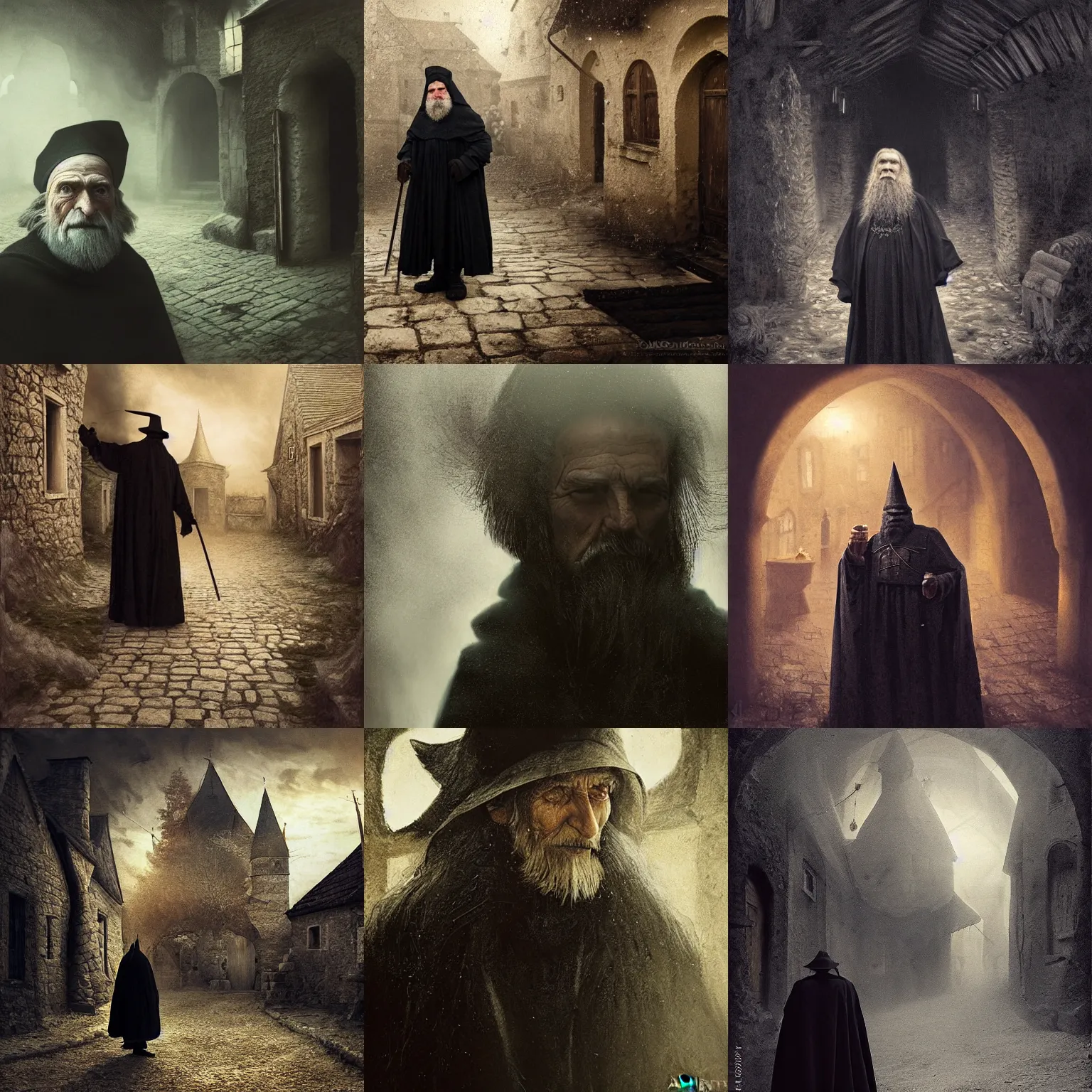 Prompt: portait of an old hungarian wizard in a hungarian village, dressed in black. atmospherical, magical, natural lighting, dust, soft focus, oil canvas by munkacsi, greg rutkowsk, marc simonetti, hollosy simon and da vinci