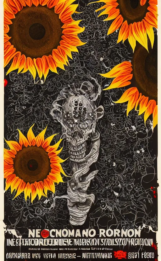 Image similar to 8 k cursed with necronomicon horrorcore cel animation poster depicting sunflowers spattered with blood, intricate, metropolis, 1 9 5 0 s movie poster, post - processing, vector art