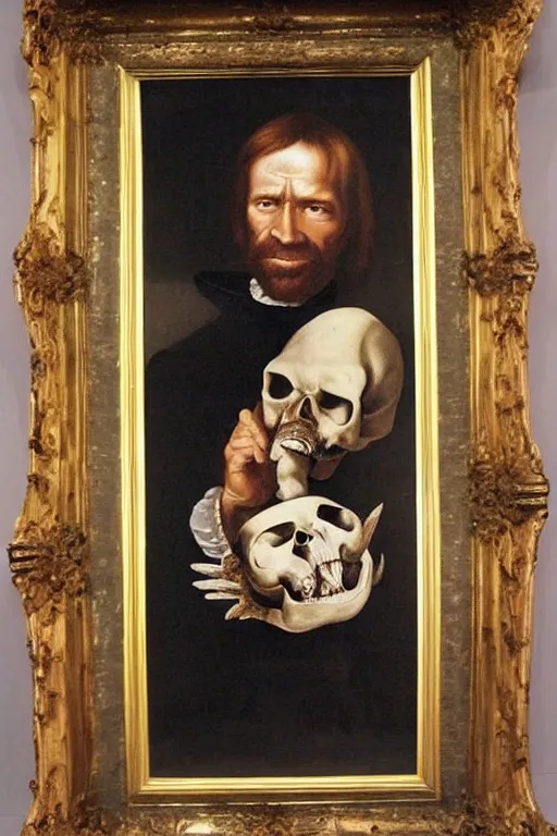 Image similar to a 1 6 0 0 s framed portrait painting of chuck norris holding a skull, intricate, elegant, highly detailed