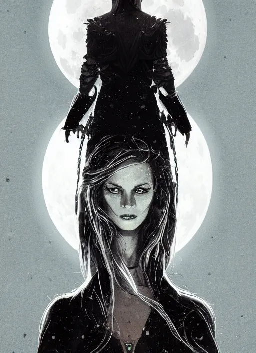 Image similar to symmetrical centered portrait of Anna Millerstone as a Dark evil witch, big moon in the background, dramatic lighting, book cover illustration by Greg rutkowski, yoji shinkawa, 4k, digital art, concept art, trending on artstation, golden silver elements, empty space, flower elements