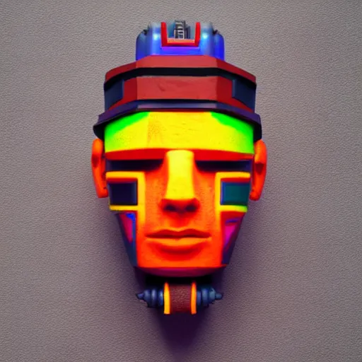 Image similar to claymodel of a cyberpunk aztec futurism robot head, 8 k, symetrical, flourescent colors, halluzinogenic, multicolored, black background