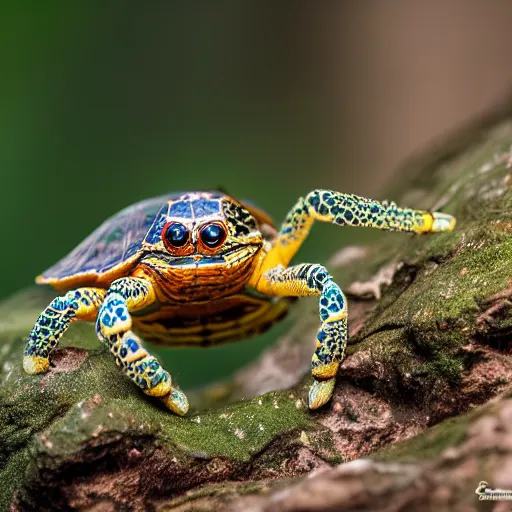 Image similar to spider turtle hybrid, bold natural colors, national geographic photography, masterpiece, in - frame, canon eos r 3, f / 1. 4, iso 2 0 0, 1 / 1 6 0 s, 8 k, raw, unedited, symmetrical balance