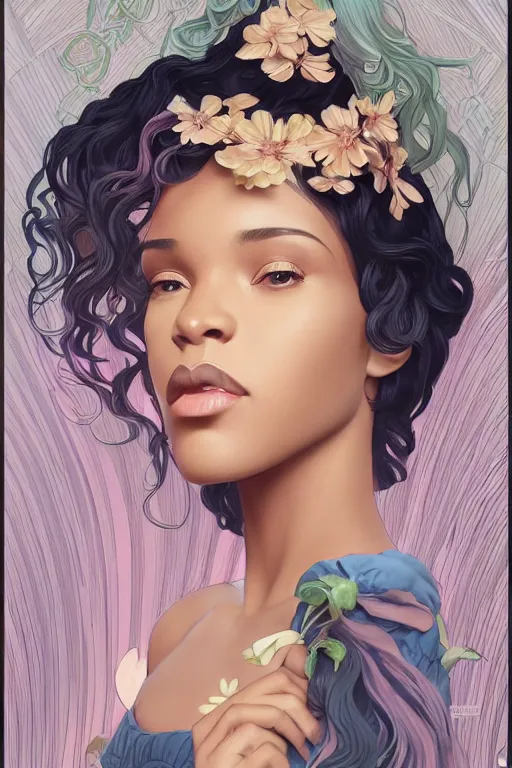 Image similar to beautiful black woman with gorgeous pastel balayage hairstyle, as seen on artgerm, octane render, in the style of alphonse mucha, ultra realistic, highly detailed, 8 k