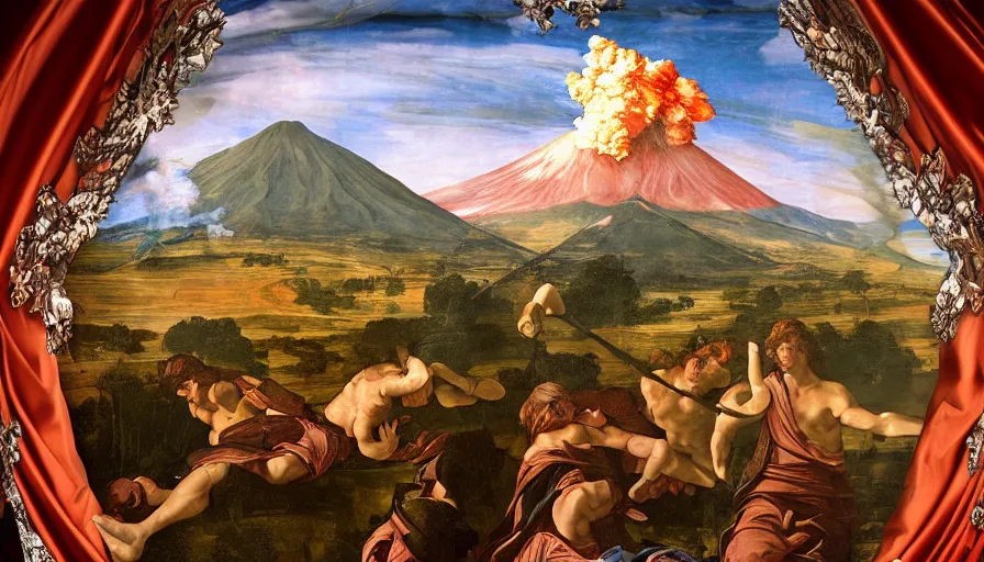 Prompt: a huge standalone hyperrealistic photorealistic hyperdetailed window, reflecting a massive erupting volcano, seen from the distance. art nouveau rococo in the style of caravaggio. unexpected elaborate maximalist fabric elements hd 8 x matte background in vibrant vivid pastel textures