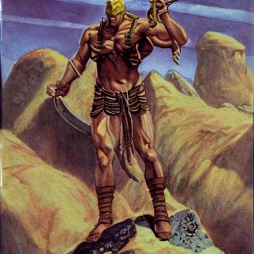 Prompt: muscular human barbarian on mars, standing on boulder, sword and sorcery, science fiction pulp illustration