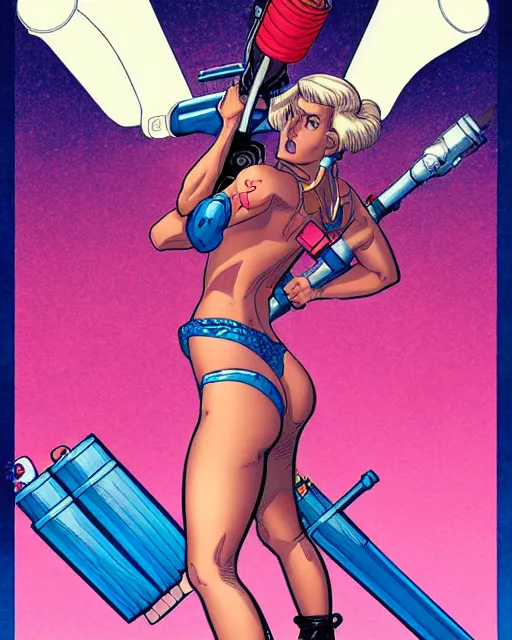 Prompt: comic cover art of a bikini girl riding a missile, inspired by gunsmith cats and tank girl, illustration by jenny frison and sana takeda, intricate details, stunning inking lines, stunning gradient colors, 4 k, hd, artstation