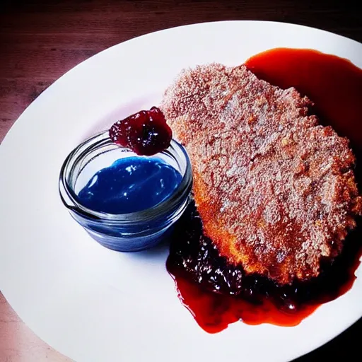 Prompt: epic illustration of a breaded steak with jam!!!!!! and a `blue flower`!!!!!!!!!!!!, best on artstation, cgsociety, much detail, much wow, masterpiece