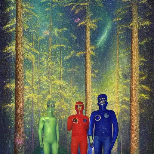 Image similar to psychedelic lush pine forest, space man, astronaut, outer space, milky way, designed by arnold bocklin, jules bastien - lepage, tarsila do amaral, wayne barlowe and gustave baumann, cheval michael, trending on artstation, star, sharp focus, colorful refracted sparkles and lines, soft light, 8 k 4 k