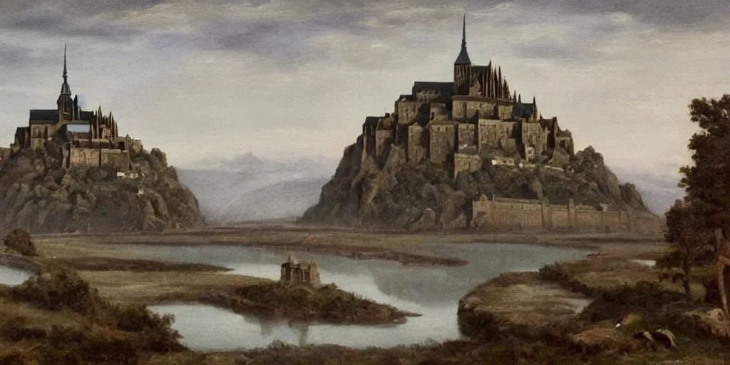 Prompt: masterpiece oil painting portraying mont saint michel but it's in the mountains in the style of romanticism landscape painters with a building on the foreground,beautiful!!!!!!!,misty!!!!!!!!!,detailed!!!!!!!,night sky,evocative,reflection in the water,photorealistic,chiaroscuro,soft lighting