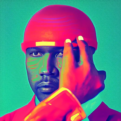 Prompt: an album cover of a man with his hand on his chin, featured on unsplash, afrofuturism, synthwave anaglyph filter, studio portrait