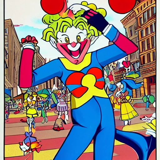 Prompt: giant clown attacking a city in sailor moon