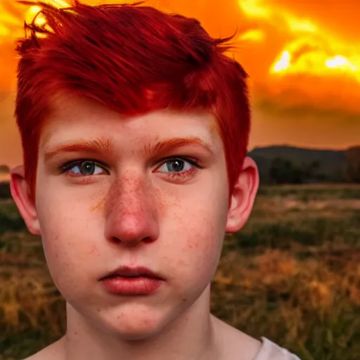 Prompt: a comic - like red haired boy with red eyes and surrounded by fire and a red sky