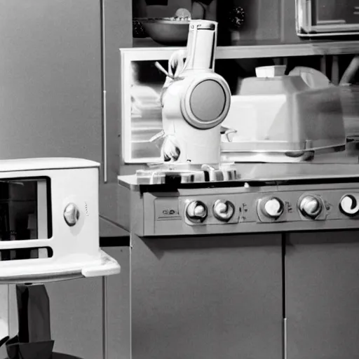 Prompt: a robot cooking in the kitchen in 1 9 7 4