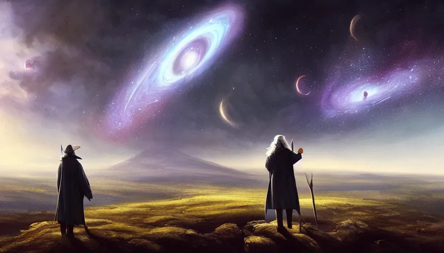 Prompt: a beautiful painting of gandalf watching a spiral galaxy in the sky of an alien world, ray traced lighting by jean kalin popov and greg rutkowski