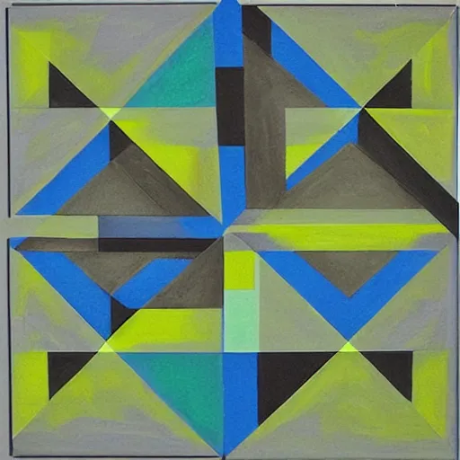 Prompt: painting, four rectangle and one triangle shapes ( colors : blue, yellow, green ), divided by black lines