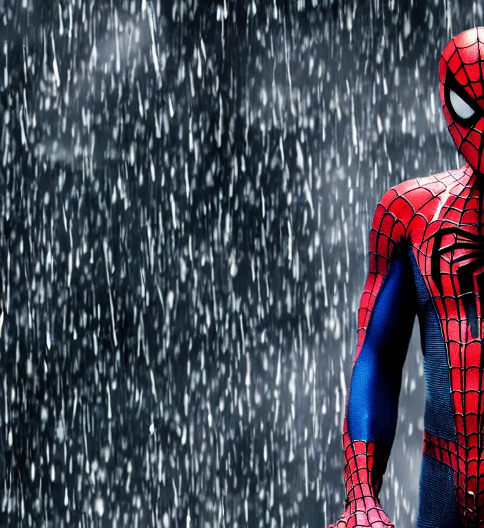 Prompt: tobey maguire as spiderman, dramatic rain, 8 k