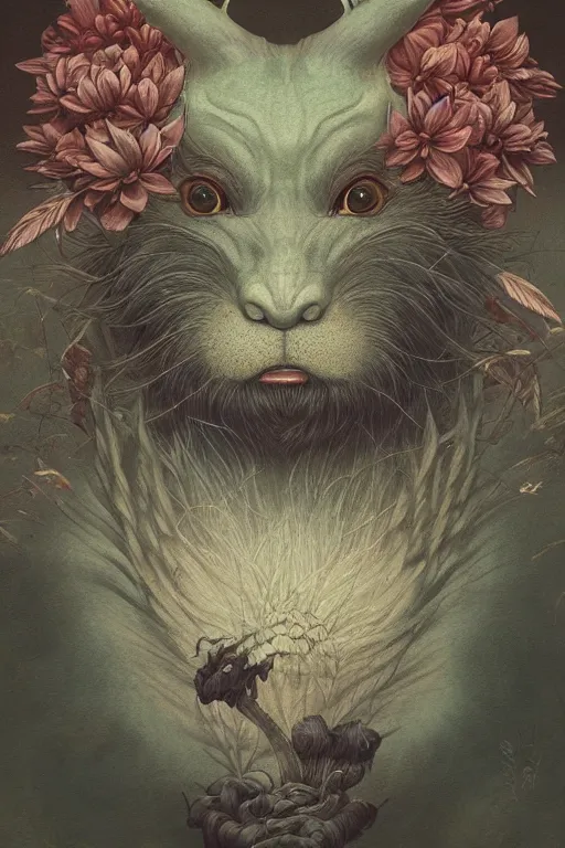 Image similar to a portrait of a plant japanese devil animal illustrated by miyazaki by karol bak, james jean, tom bagshaw, rococo, sharp focus, trending on artstation, cinematic lighting, hyper realism, octane render, 8 k, hyper detailed, vivid, ultra detailed, highly detailed