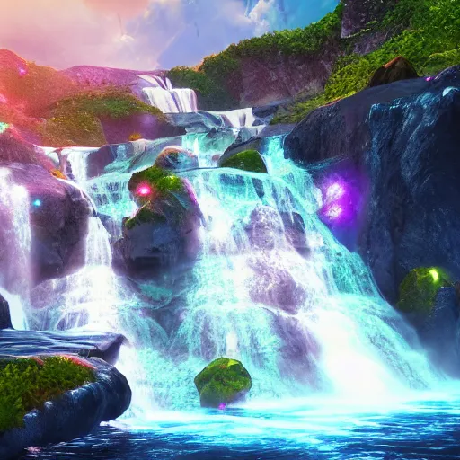 Prompt: the universe is a woman - shaped waterfall spilling onto the rocks of love in a million bright colors of swirling ecstasy, unreal engine, dramatic lighting, cinematic