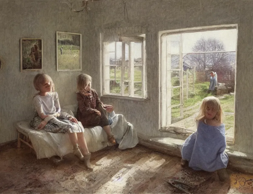 Image similar to peasant kids watching old tv in country house, back view, cottage core, cinematic focus, polaroid photo bleached vintage pastel colors high - key lighting, soft lights, foggy, by steve hanks, by lisa yuskavage, by serov valentin, by tarkovsky, 8 k render, detailed, oil on canvas