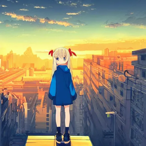 Image similar to Astonishing Pixiv 8K Splash art of an Anime Key Visual Pinterest loli with blond hair and cute pigtails who wears a blue coat with a hood and black shorts when practicing parkour through a big modern city in twilight from Unsplash. She does a superhero pose against a cinematic dark scene of an HDR sunset with faint orange light in Studio Ghibli style. Amazing piece Trending on Artstation and DeviantArt, dynamic lighting,