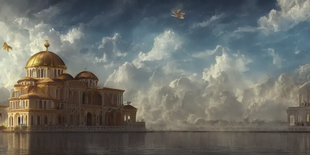 Prompt: beautiful digital illustration of a floating Byzantine palace in the clouds, fluffy cotton candy clouds clouds, architecture, concept art, deviantArt, artsation, artstation HQ, HD, 16k resolution, smooth, sharp detail, amazing depth, octane, finalRender, Unreal Engine