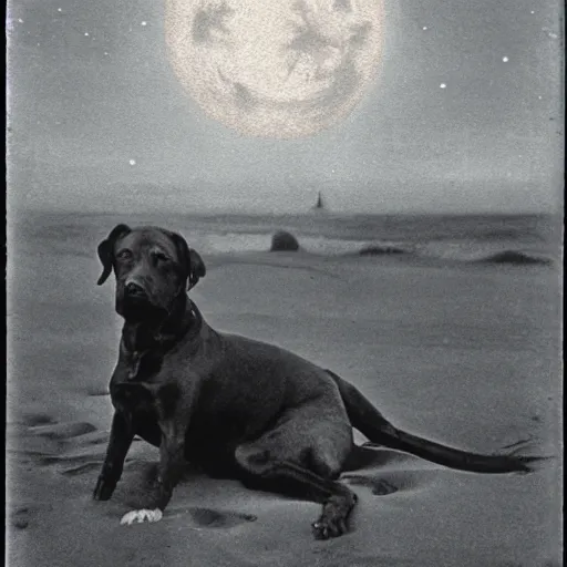 Image similar to an early 1 9 0 0 s photograph of an alien marking its extraterrestrial sigil on a black dog on the beach, moonlight, nighttime