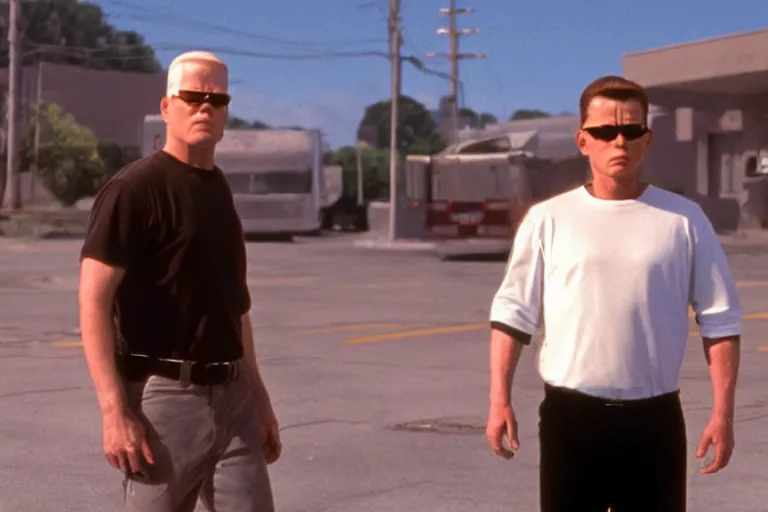 Prompt: hank hill from king of the hill as a terminator, protecting bobby hill as john connor, movie still, from the movie terminator 2 judgement day, 8 k, cinematic lighting