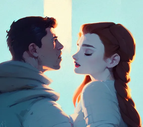 Image similar to portrait of jon kissing sansa by atey ghailan, by greg rutkowski, by greg tocchini, by james gilleard, by joe fenton, by kaethe butcher, dynamic lighting, gradient light blue, brown, blonde cream and white color scheme, grunge aesthetic