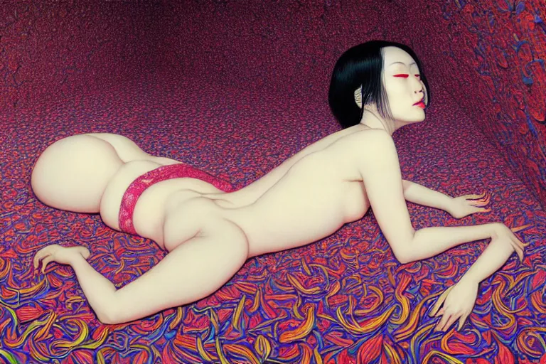 Prompt: realistic detailed image of a woman laying in a padded room, conjuring psychedelic background, part by takato yamamoto, part by alex gray, ross tran, james jean, ultra realistic, octane render, highly detailed, 8 k, trending on artstation, cosmic, symmetry, masterpiece