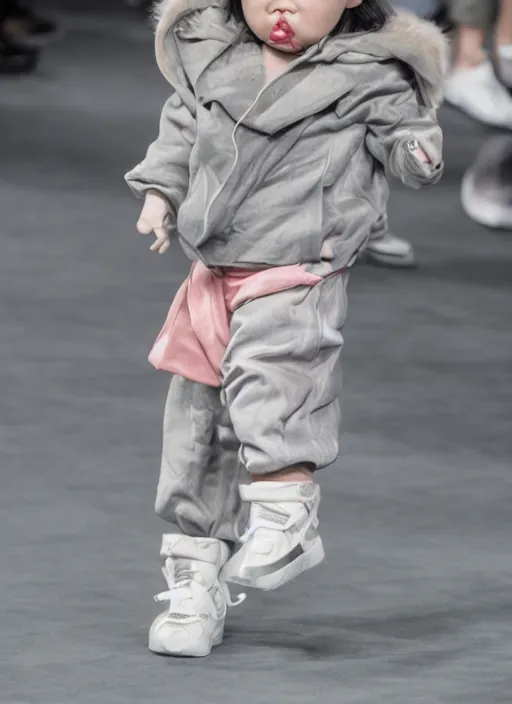 Image similar to hyperrealistic and heavy detailed balenciaga runway show of baby yoda, leica sl 2 5 0 mm, vivid color, high quality, high textured, real life, cute face