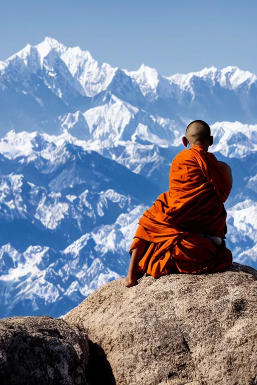 Image similar to A monk with his back to the camera sits beside a rock on the top of a mountain, looking at the snowy Himalayas in the distance, faith,4k, realistic,photography,landscape,high contrast,F200,trending on artstation.