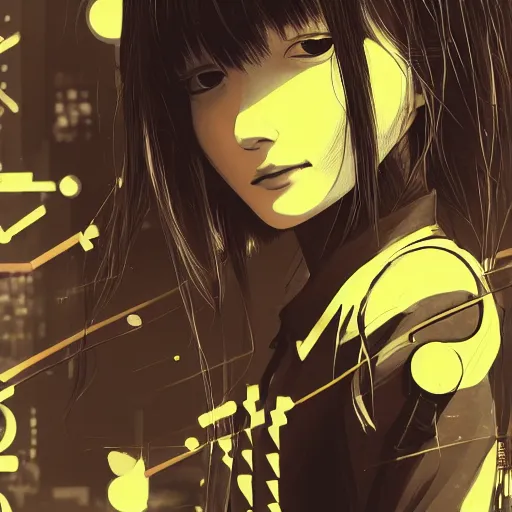 Image similar to Frequency indie album cover, luxury advertisement, yellow filter, white and gray colors. Clean and detailed post-cyberpunk sci-fi close-up schoolgirl in asian city in style of cytus and deemo, blue flame, relaxing, calm and mysterious vibes, by Tsutomu Nihei, by Yoshitoshi ABe, by Ilya Kuvshinov, by Greg Tocchini, nier:automata, set in half-life 2, Matrix, GITS, Blade Runner, Neotokyo Source, Syndicate(2012), dynamic composition, beautiful with eerie vibes, very inspirational, very stylish, with gradients, surrealistic, dystopia, postapocalyptic vibes, depth of field, mist, rich cinematic atmosphere, perfect digital art, mystical journey in strange world, beautiful dramatic dark moody tones and studio lighting, shadows, bastion game, arthouse