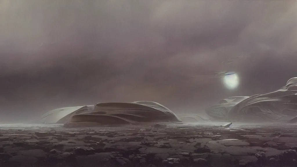 Image similar to otherworldly atmosphere of an alien planet by arthur haas and bruce pennington and john schoenherr, cinematic matte painting, zaha hadid building, 8 k realistic, stormy rainfall, dark moody colors