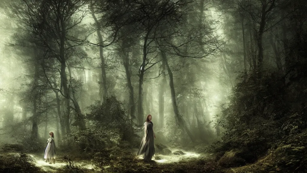 Prompt: eleanor tomlinson in the dark forest. andreas achenbach, artgerm, mikko lagerstedt, zack snyder, tokujin yoshioka