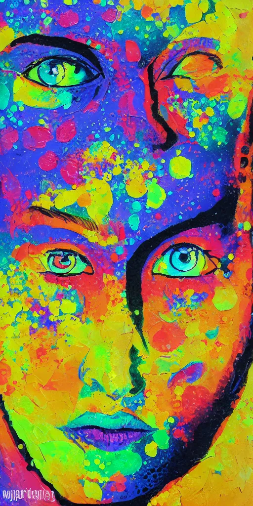 Image similar to intricate face with dots of paint melting in to a colorful painting made of gouache impasto