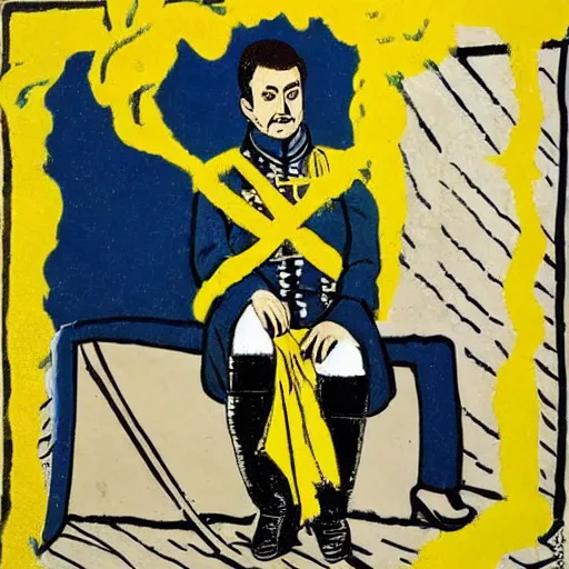 Image similar to Volodymyr Zelensky at war, dressed like Napoleon Bonaparte, his clothes are torn and dirty, he is sitting between dead corpses and weeping, holding a half burnt blue and yellow flag of Ukraine, in the style of Roy Lichtenstein