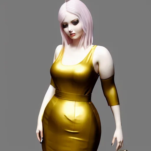 Prompt: a curvy feminine pale goth cutie with a thin waist in an elegant gold latex pleated dress, cgsociety, photorealistic, sublime-comforting-elegant ambience, 16k, smooth, sharp focus, trending on ArtStation, volumetric lighting, fully clothed, worksafe