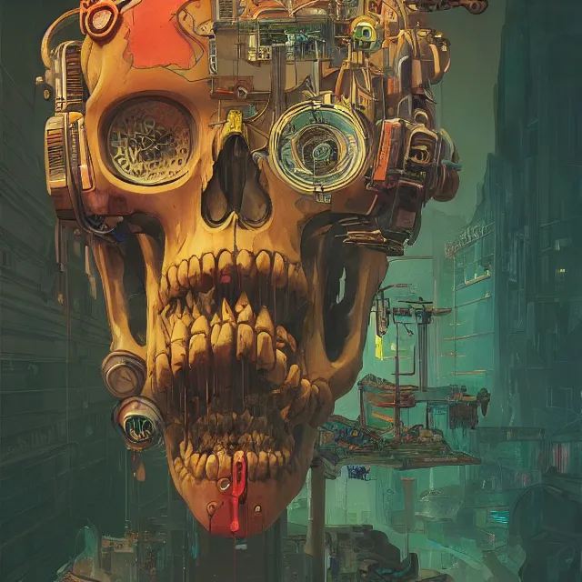 Prompt: a beautiful painting of a ( cyberpunk ) skull by simon stalenhag and pascal blanche and alphonse mucha! and nekro. in style of digital art. colorful comic, film noir, symmetry, hyper detailed. octane render. trending on artstation